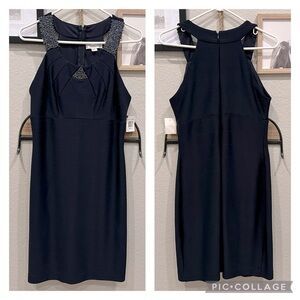 New! Jackie Jon Dark Navy Blue Beaded Halter Cocktail Dress in a Size 10